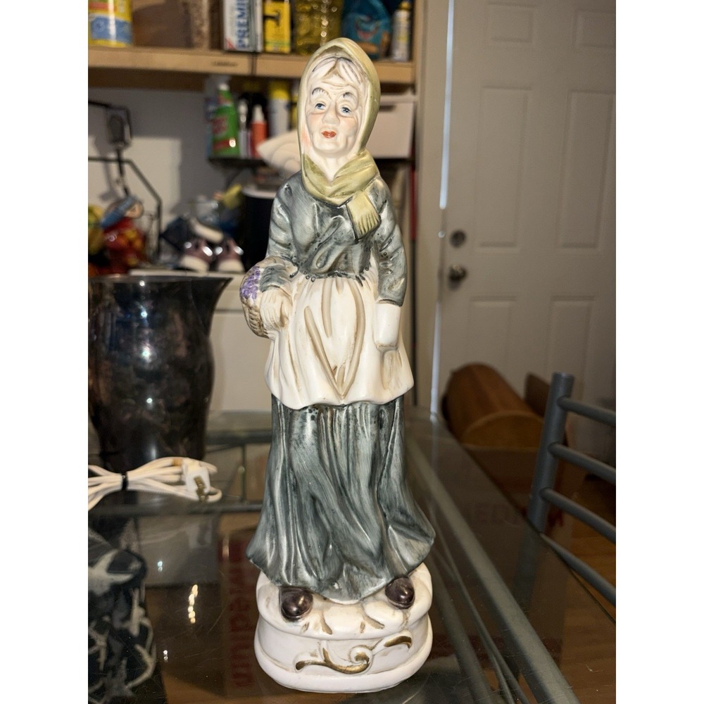 Vintage Porcelain Old Woman Flower Basket Figurine 12" Hand Painted Statue